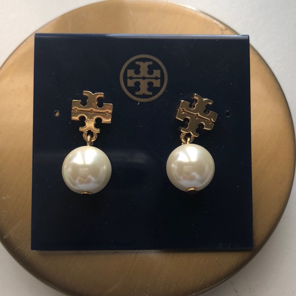Tory Burch Logo Pearl Drop Earrings